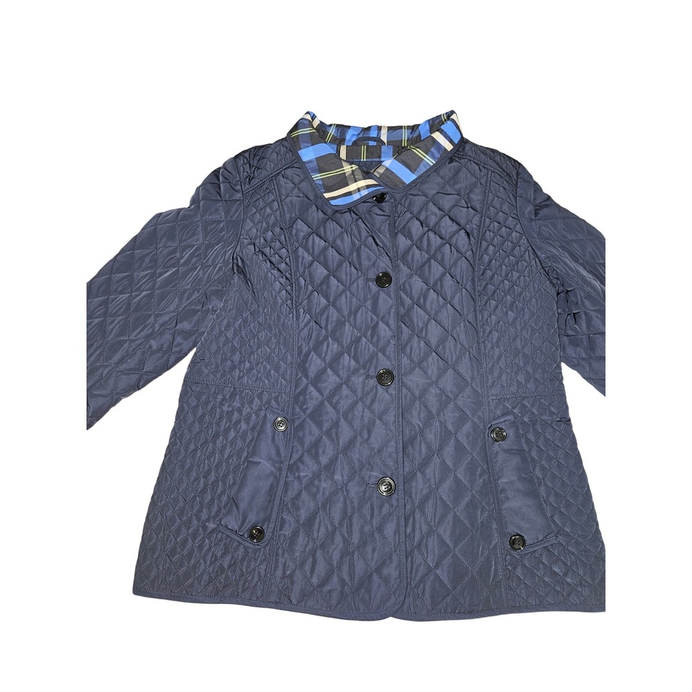 Liz Claiborne Women's Navy Blue Quilted Jacket Plaid Trim Button Front Coat XL - Picture 7 of 13